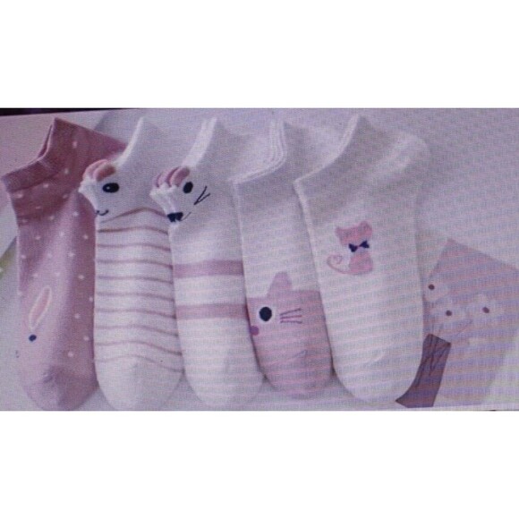 5 Pairs Cartoon Cat Print Socks Women’s Low Cut Ankle Kitty Pink White Girls NIP - Picture 2 of 8